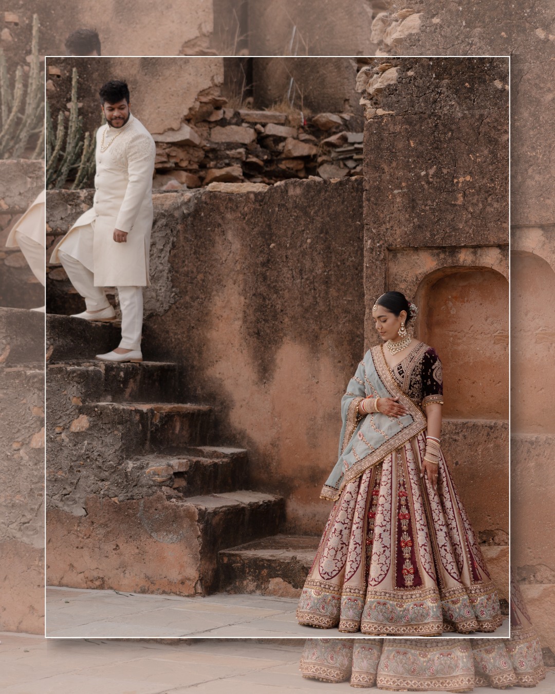 The bride in her lehenga on palace steps — Anupama & Abhinav, Mundota Palace, Jaipur