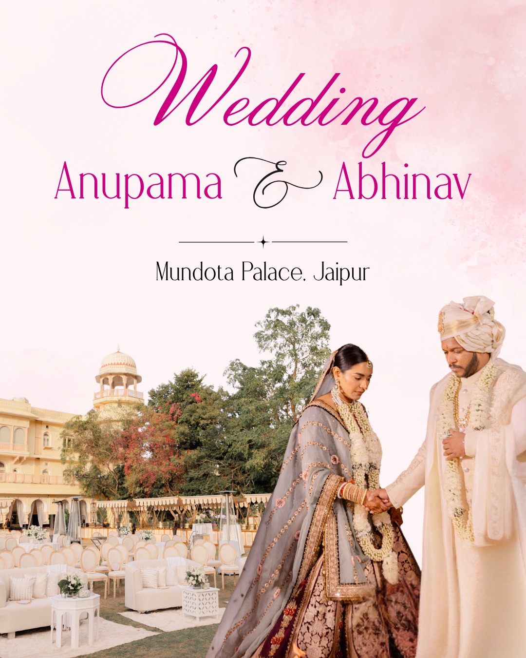 The couple beside the palace fountain — Anupama & Abhinav, Mundota Palace, Jaipur