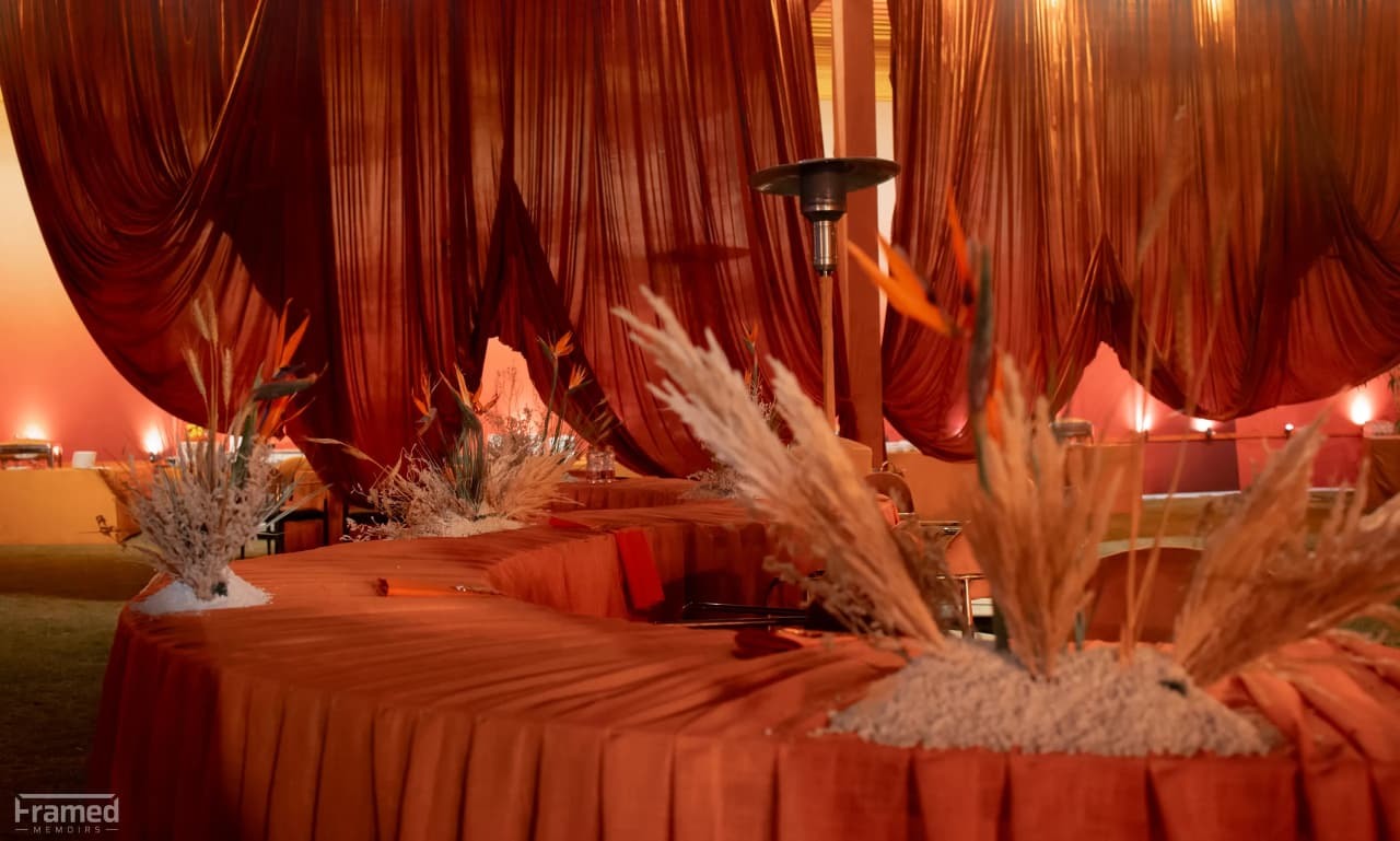 Rust and amber lounge with pampas grass and flowing drapes